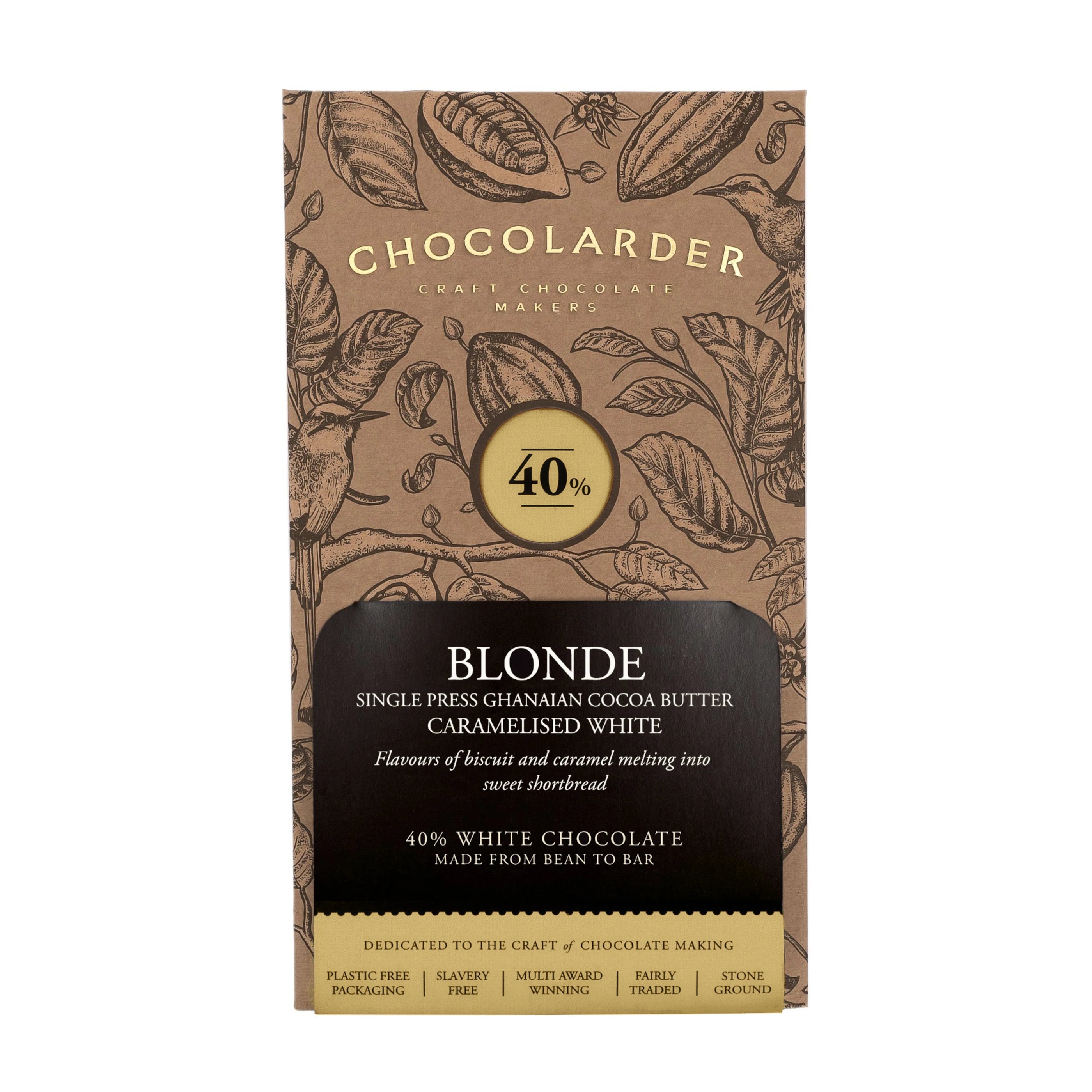 Chocolarder Blonde 40% caramelised white chocolate bar made with Ghanaian cocoa butter