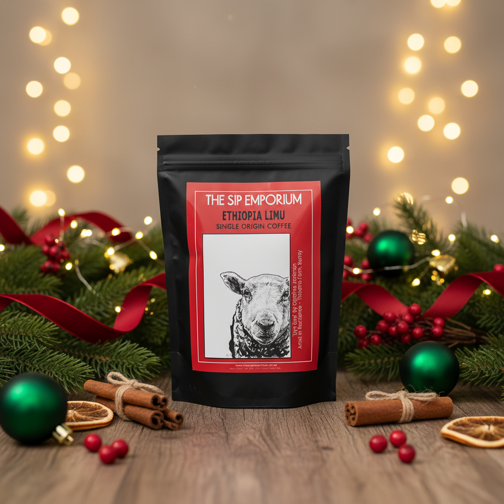 Ethiopia Limu Coffee with Christmas Backdrop