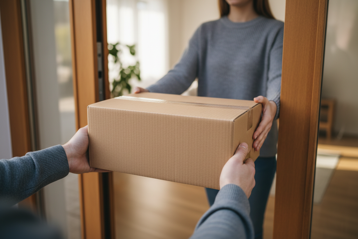 Plain Kraft Box Delivery - Postman POV with Recipient